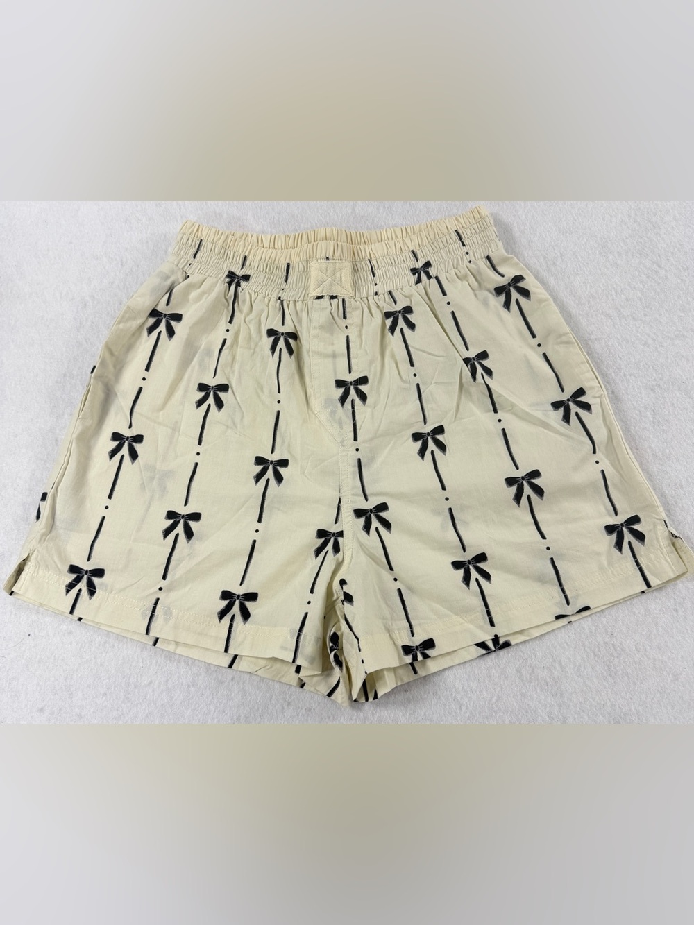 Neuville Cotton Bow Print Shorts Cream Black Elastic Waist Women Small